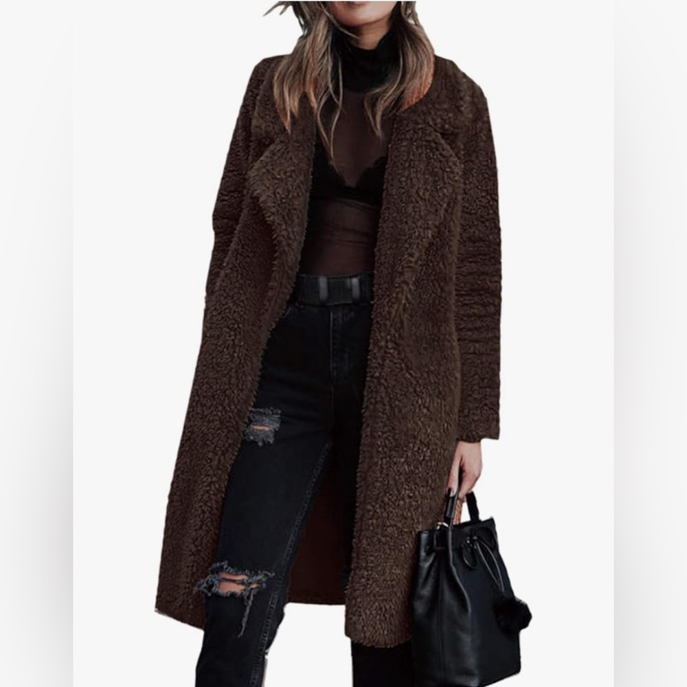 Angashion Women's Brown Fuzzy Fleece Lapel Open Front Long Coat Faux Fur - Picture 1 of 9